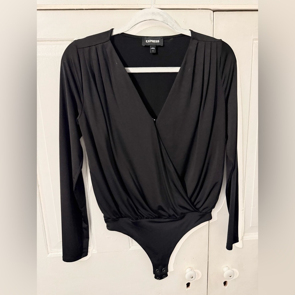 Express Black Long Sleeve Wrap Bodysuit